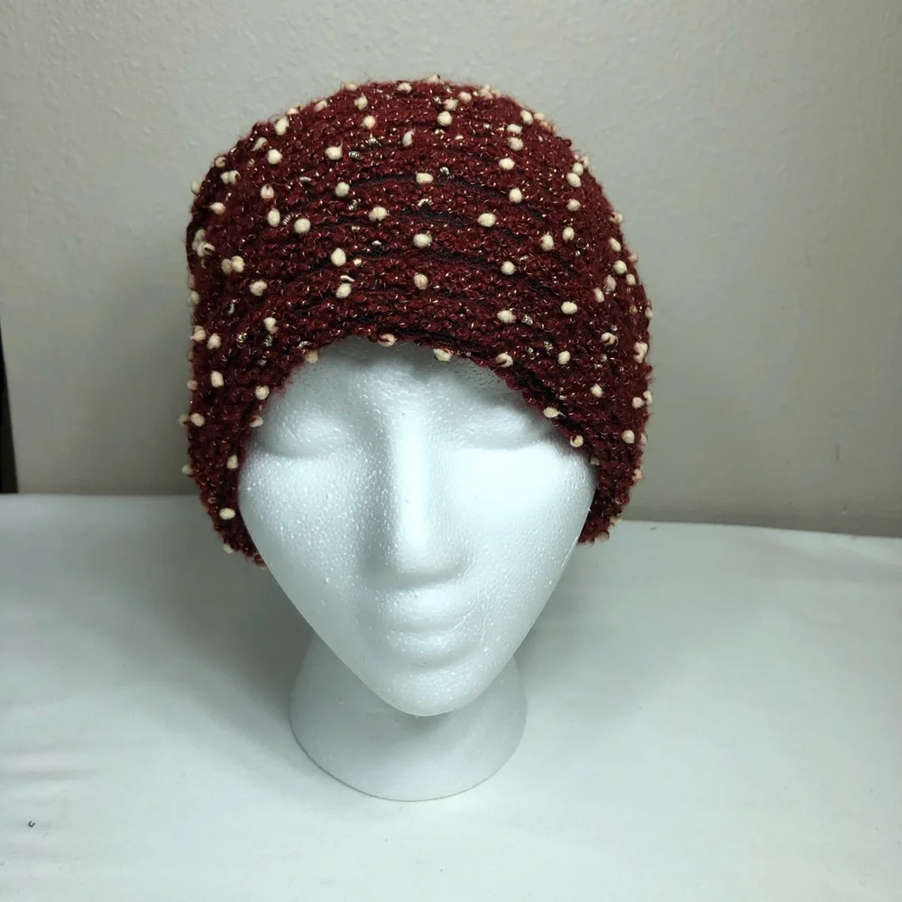 David & Young Knit Long Burgundy Black Ivory Tiny Pompons Stretchy Beanie Hat OS